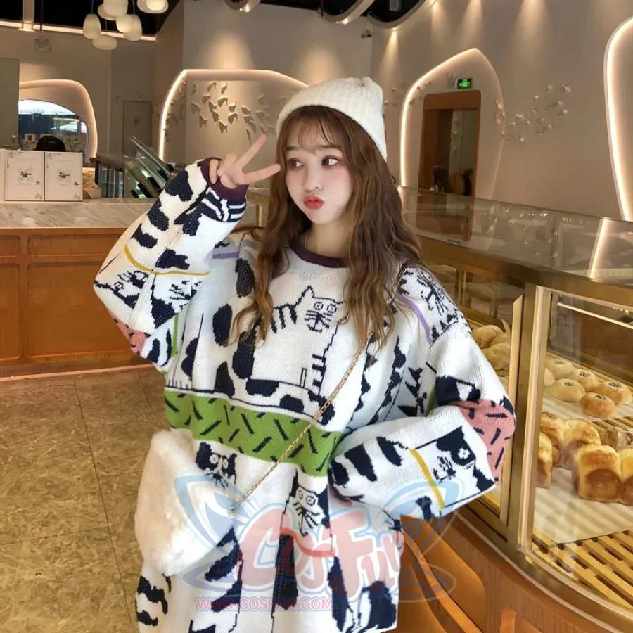Cute Cat Cartoon Patchwork Oversized Sweater J40011