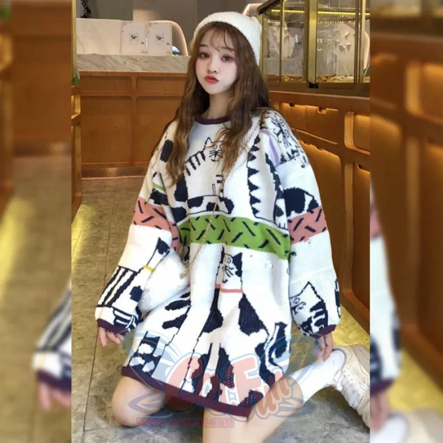 Cute Cat Cartoon Patchwork Oversized Sweater J40011
