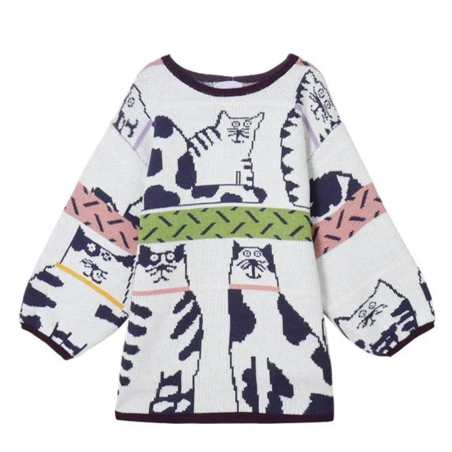 Cute Cat Cartoon Patchwork Oversized Sweater J40011