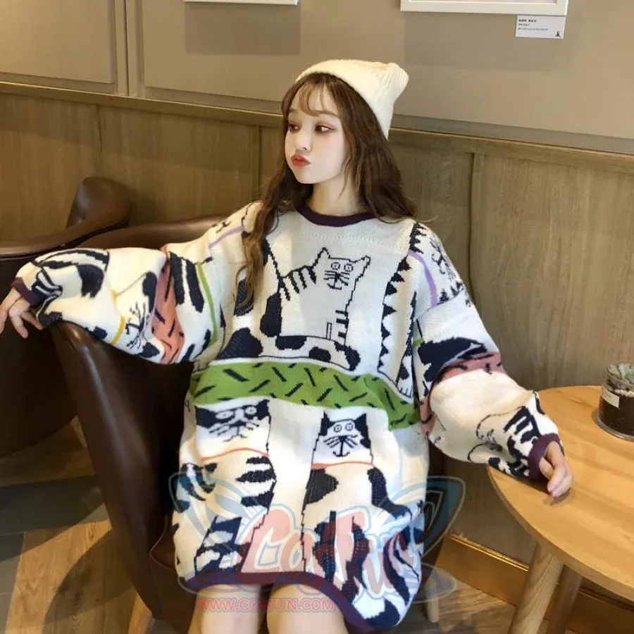 Cute Cat Cartoon Patchwork Oversized Sweater J40011