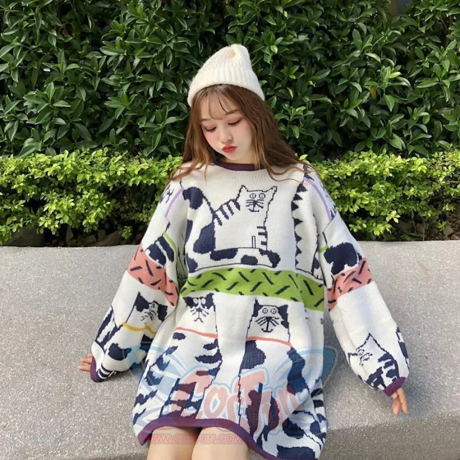 Cute Cat Cartoon Patchwork Oversized Sweater J40011