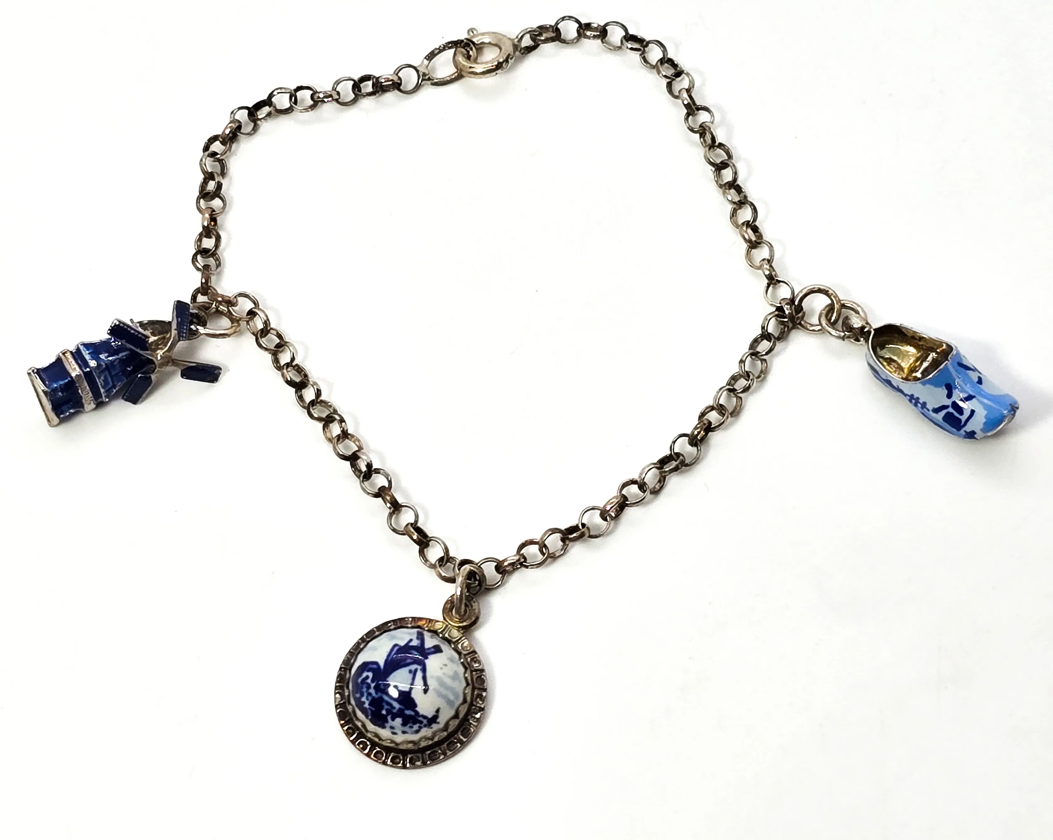 Delft Blue enamel Dutch windmill shoe and charm vintage sterling silver bracelet 835