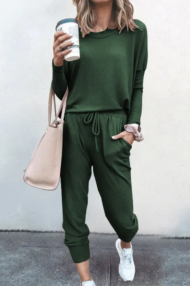 Fashion Solid Patchwork O Neck Long Sleeve Two Pieces(6 colors)