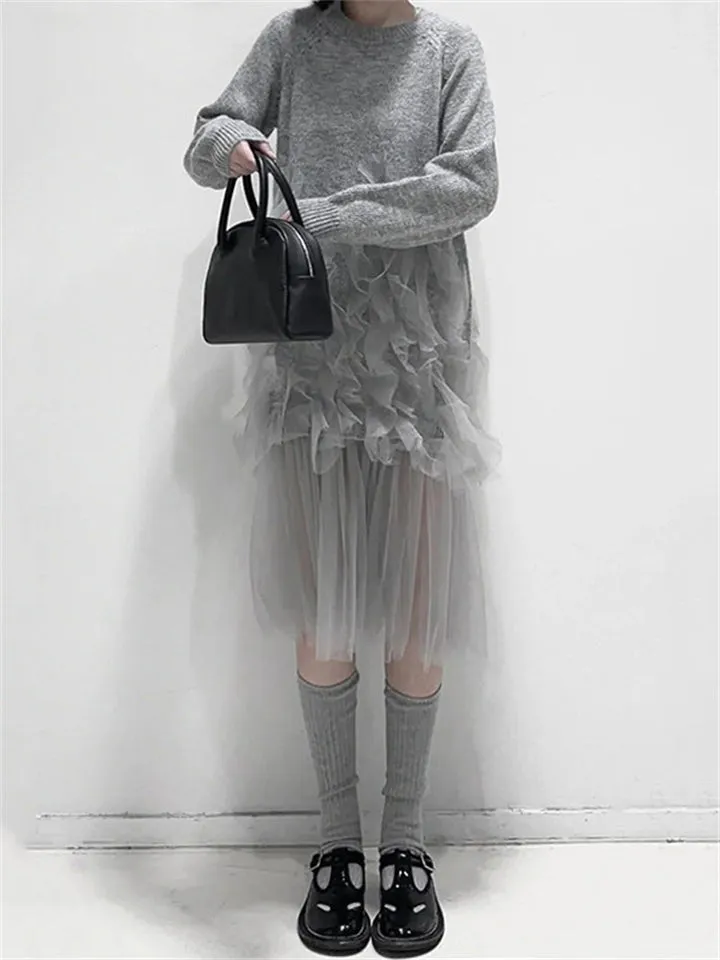 Fashion Transparent Mesh Patchwork Grey Knitted Dress for Lady