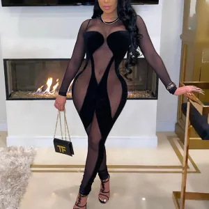 Fashion Velvet Sheer Mesh Patchwork Long Sleeve Jumpsuit