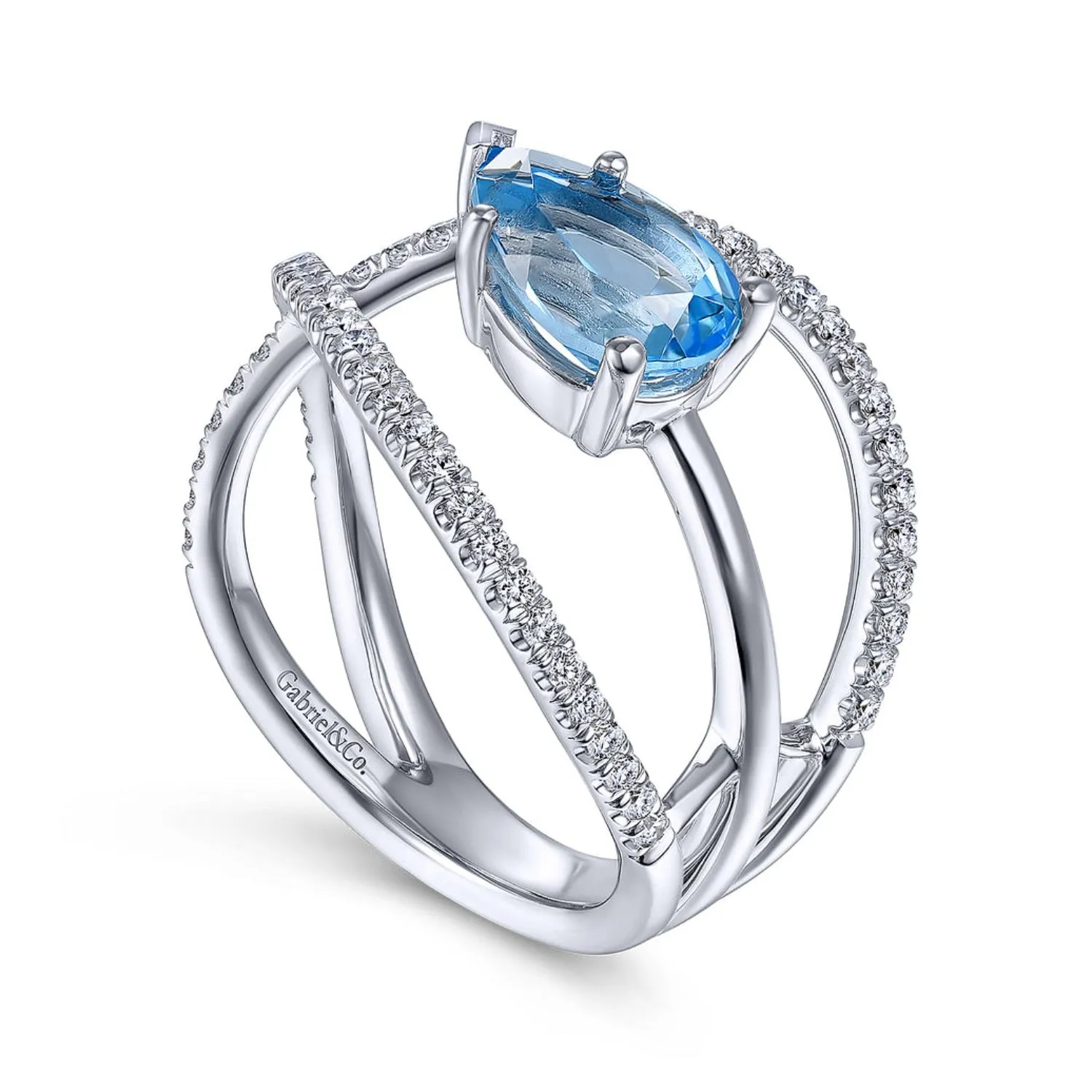 Gabriel & Co. Pear Cut Blue Topaz Multi-Layer Diamond Ring