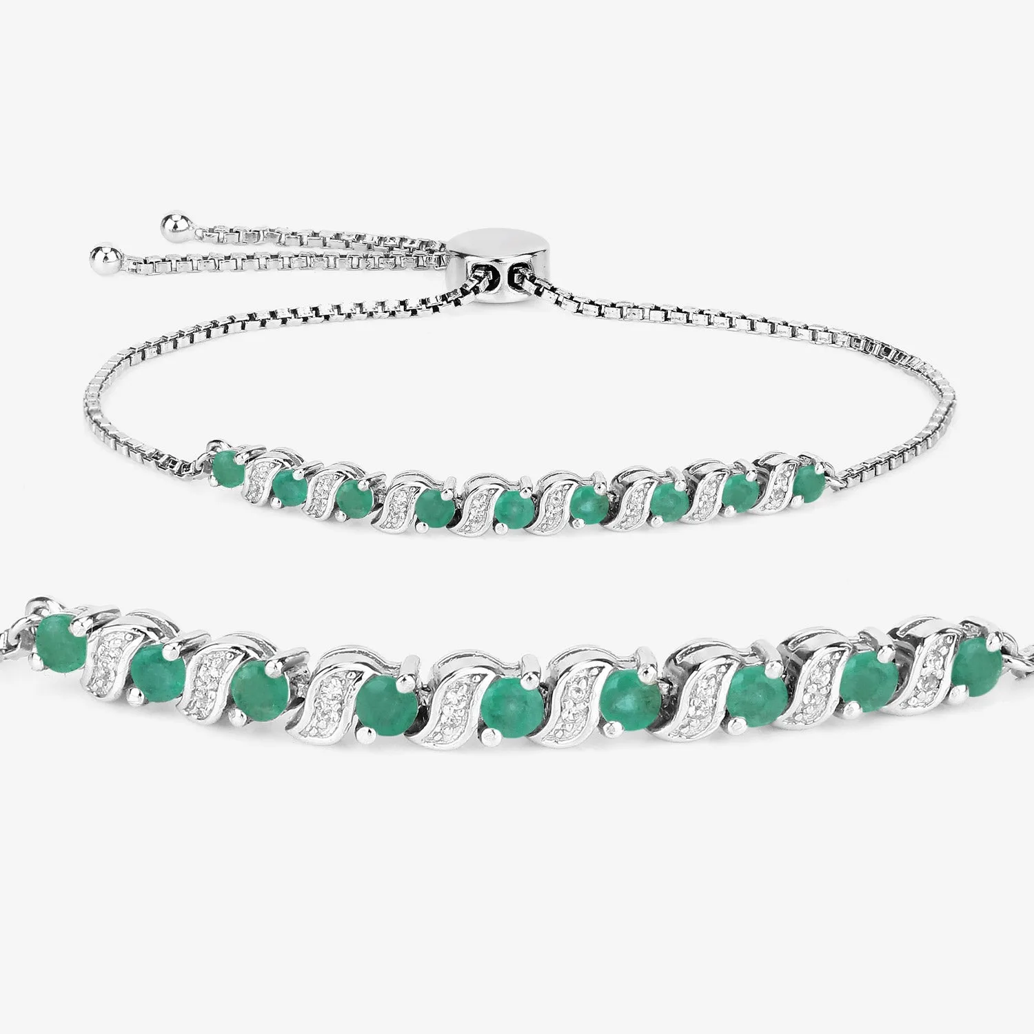 Genuine Emerald and White Topaz Bolo Bracelet