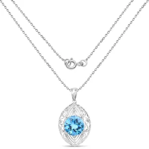Genuine Swiss Blue Topaz Solitaire Pendant Necklace
