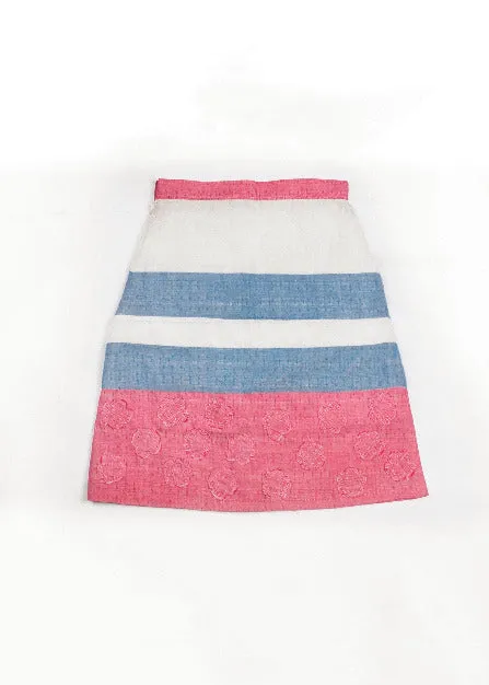 Girls Pink, Blue and White Color Block Skirt with Floral Stitched Patchwork Pattern