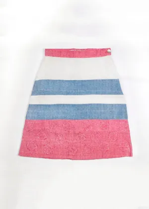 Girls Pink, Blue and White Color Block Skirt with Floral Stitched Patchwork Pattern