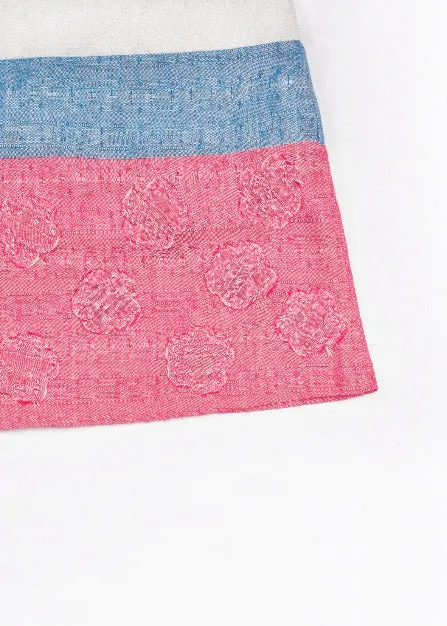 Girls Pink, Blue and White Color Block Skirt with Floral Stitched Patchwork Pattern