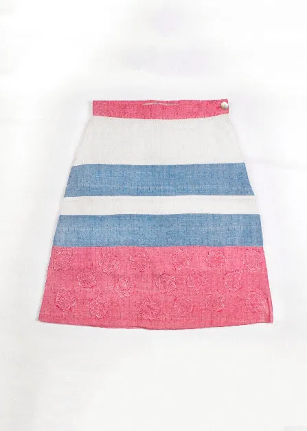Girls Pink, Blue and White Color Block Skirt with Floral Stitched Patchwork Pattern