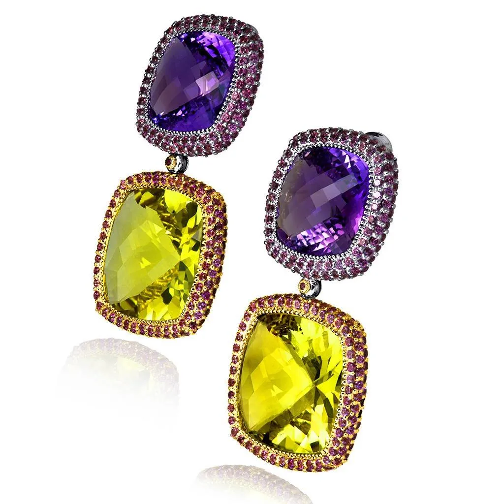 Gold Royal Drop Earrings with Amethyst & Lemon Citrine