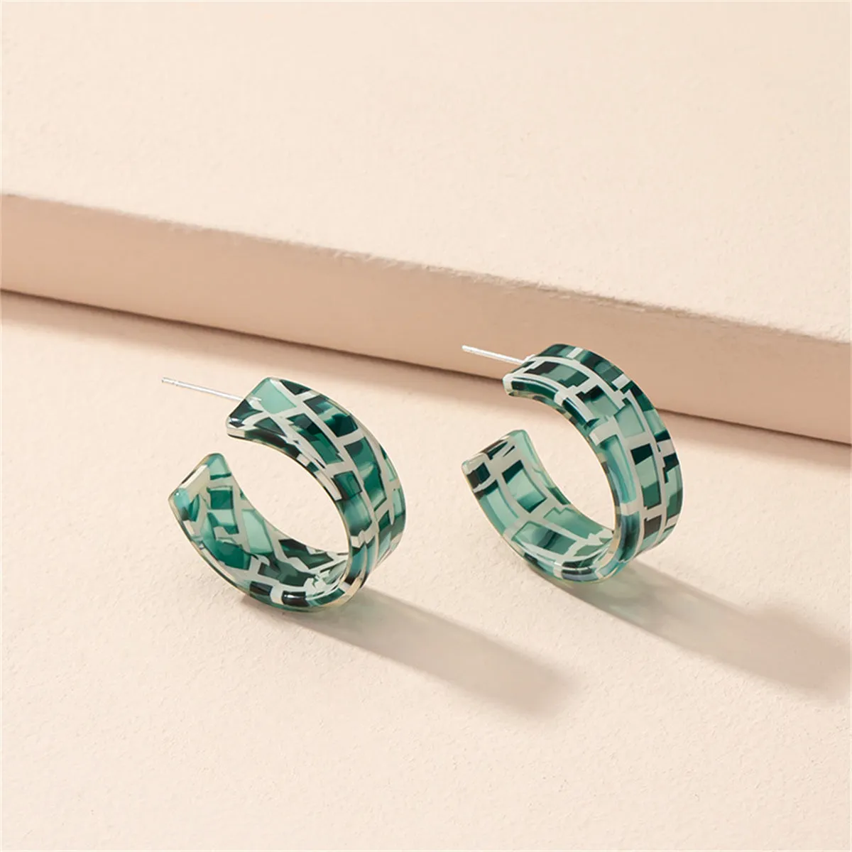 Green Acrylic & Silver-Plated Mosaic Huggie Earring