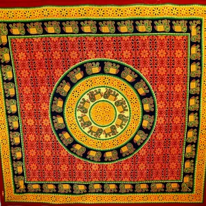 Green & Orange Bagru Elephant Mandala Tapestry