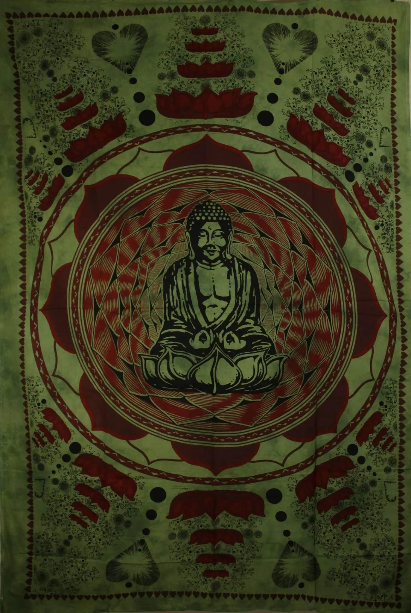 Green Buddha In Dharma Chakra Mudra On A Lotus Flower Tapestry