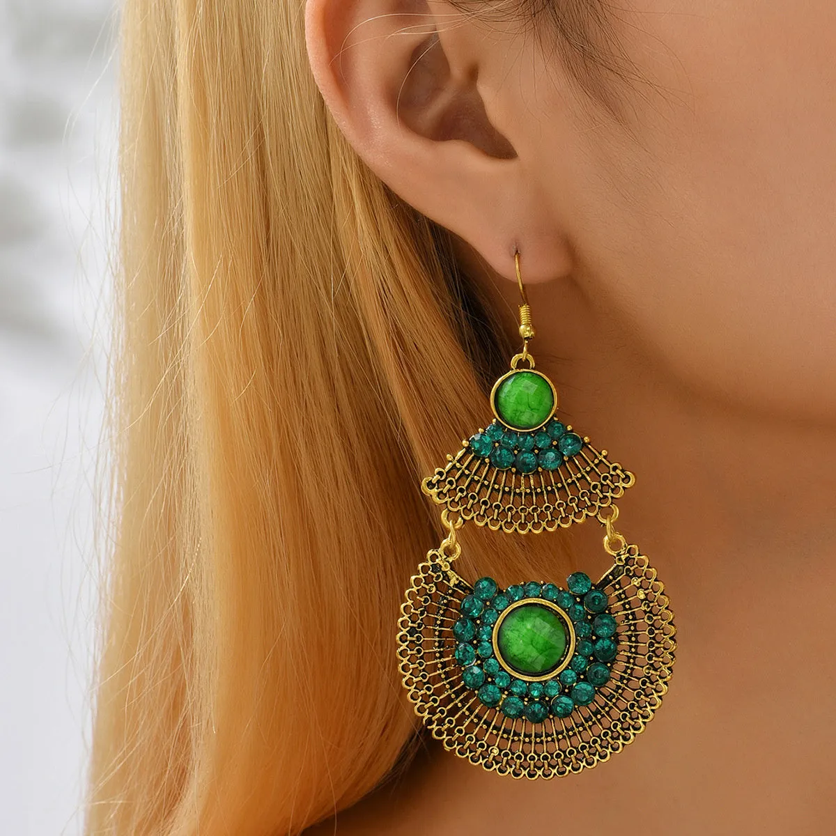 Green Cubic Zirconia & Quartz Patchwork Fan Drop Earrings