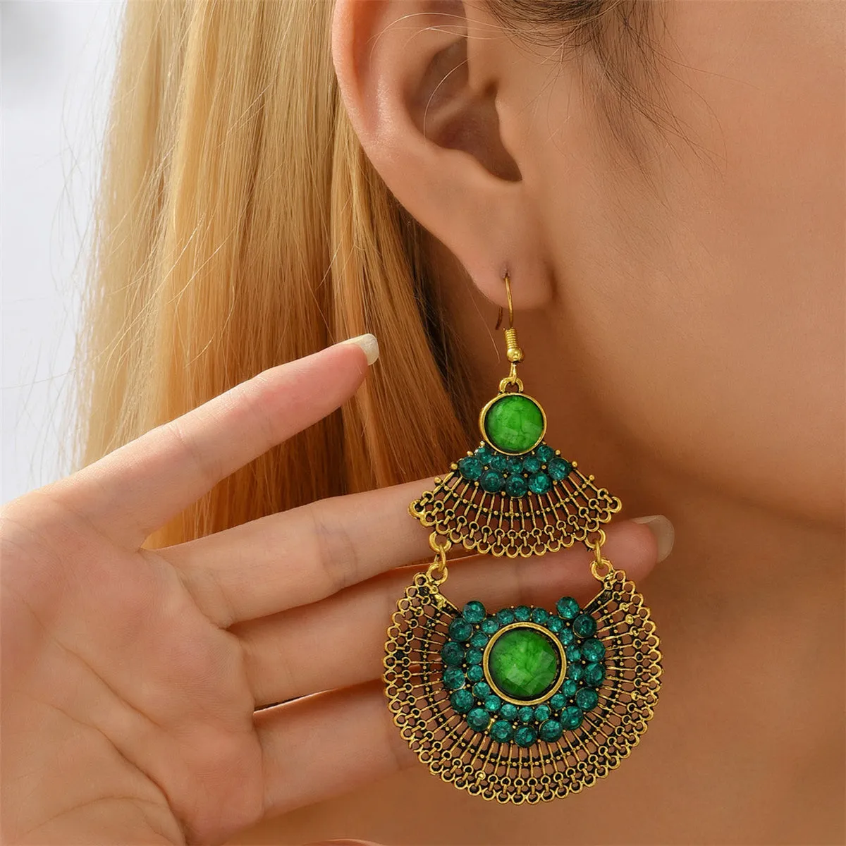Green Cubic Zirconia & Quartz Patchwork Fan Drop Earrings