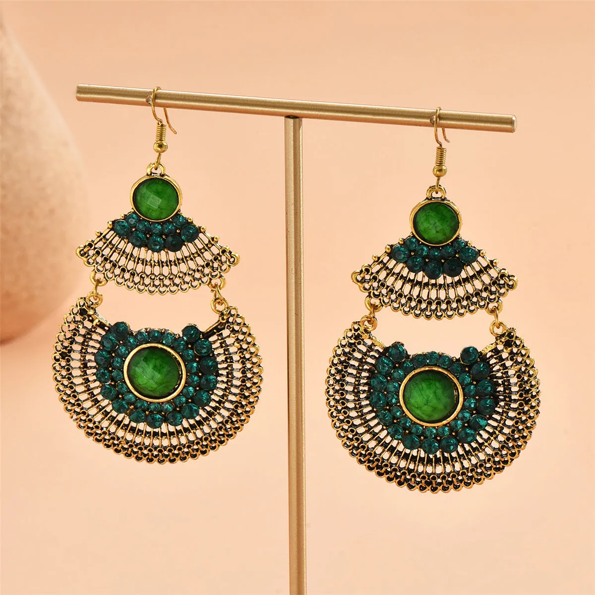 Green Cubic Zirconia & Quartz Patchwork Fan Drop Earrings