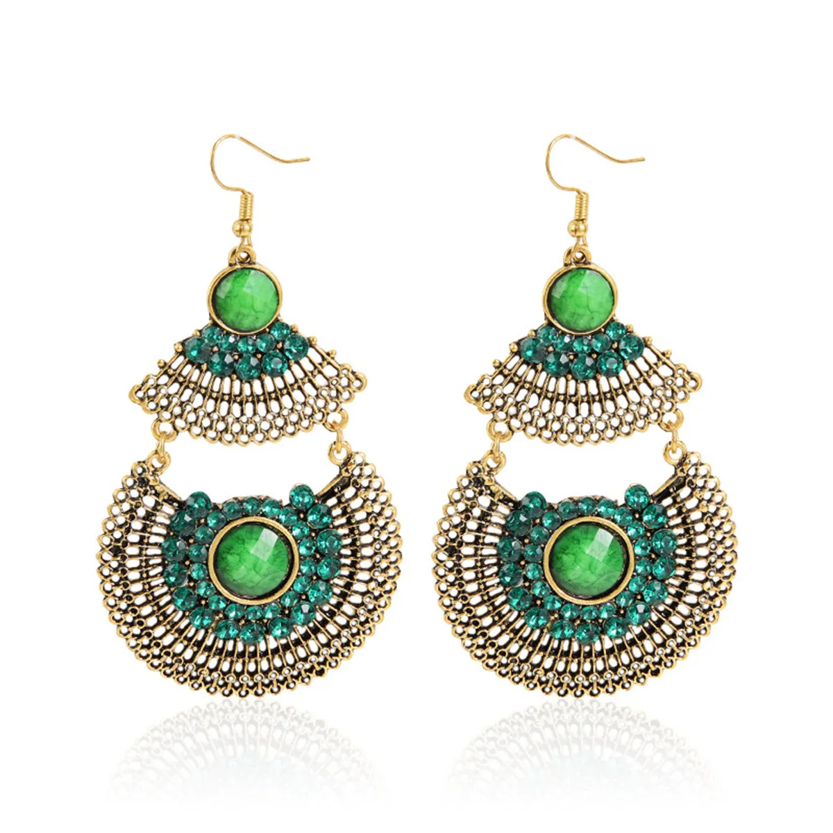 Green Cubic Zirconia & Quartz Patchwork Fan Drop Earrings