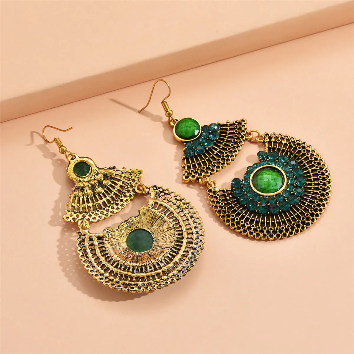 Green Cubic Zirconia & Quartz Patchwork Fan Drop Earrings
