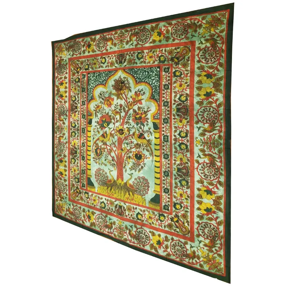 Green Tree of Life Peacock Tapestry Colorful Indian Wall Decor