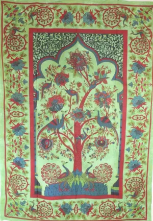 Green Tree of Life Peacock Tapestry