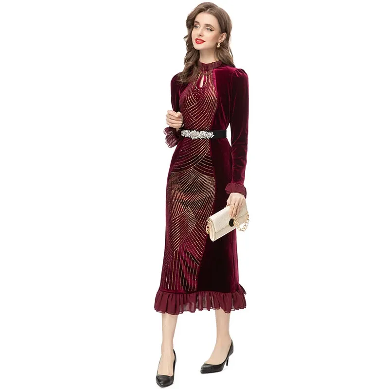 Hadassah Flared  Sleeve Stretch Velvet Patchwork Flounce Diamond Belt Dress