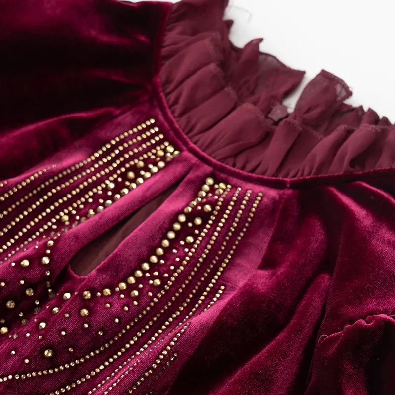 Hadassah Flared  Sleeve Stretch Velvet Patchwork Flounce Diamond Belt Dress