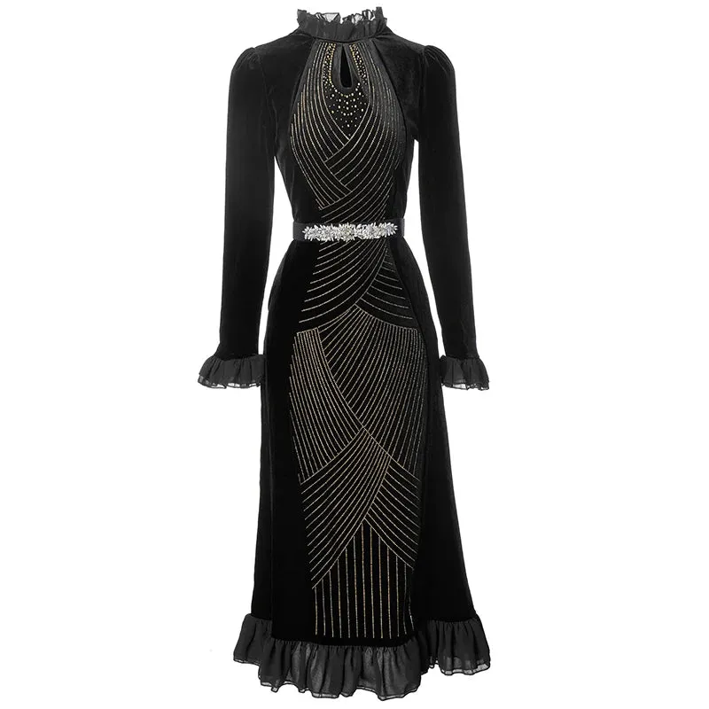 Hadassah Flared  Sleeve Stretch Velvet Patchwork Flounce Diamond Belt Dress
