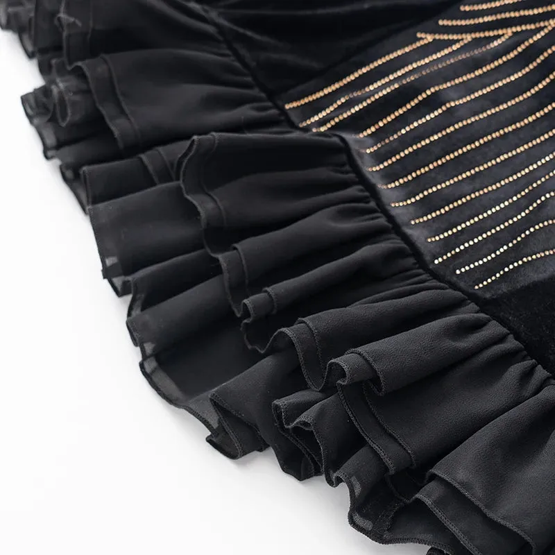 Hadassah Flared  Sleeve Stretch Velvet Patchwork Flounce Diamond Belt Dress
