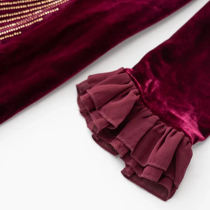 Hadassah Flared  Sleeve Stretch Velvet Patchwork Flounce Diamond Belt Dress
