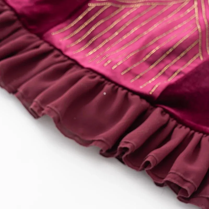 Hadassah Flared  Sleeve Stretch Velvet Patchwork Flounce Diamond Belt Dress