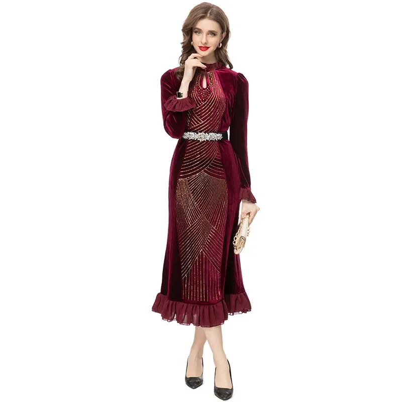 Hadassah Flared  Sleeve Stretch Velvet Patchwork Flounce Diamond Belt Dress