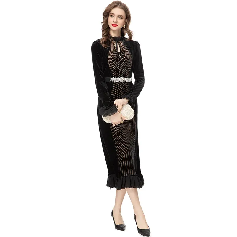 Hadassah Flared  Sleeve Stretch Velvet Patchwork Flounce Diamond Belt Dress