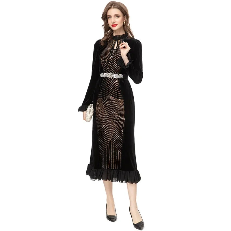 Hadassah Flared  Sleeve Stretch Velvet Patchwork Flounce Diamond Belt Dress