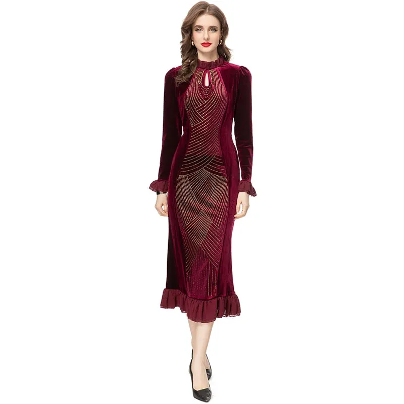 Hadassah Flared  Sleeve Stretch Velvet Patchwork Flounce Diamond Belt Dress