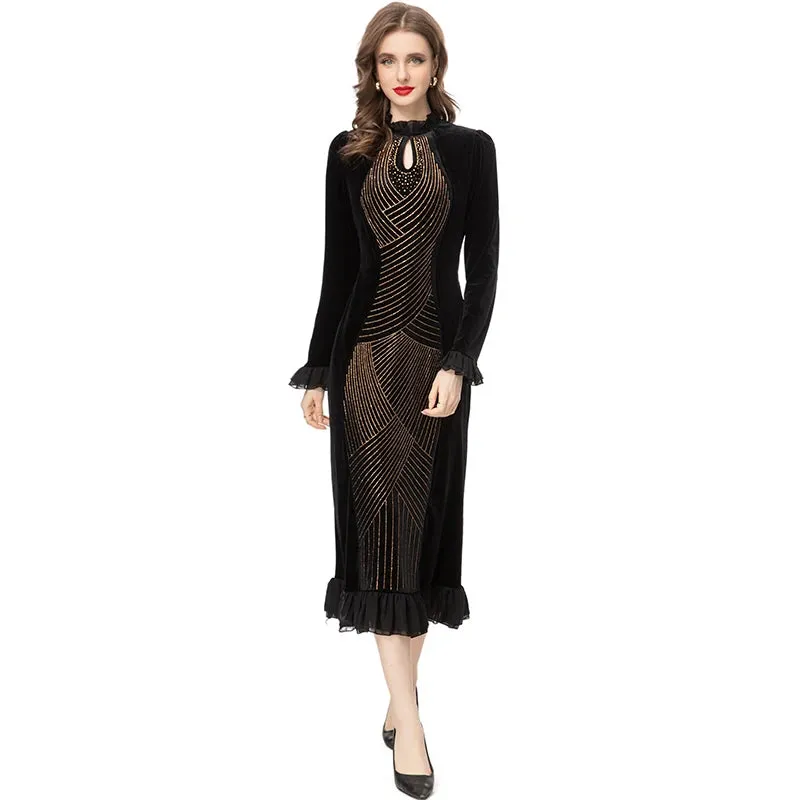 Hadassah Flared  Sleeve Stretch Velvet Patchwork Flounce Diamond Belt Dress