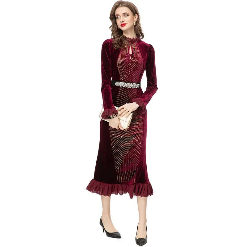 Hadassah Flared  Sleeve Stretch Velvet Patchwork Flounce Diamond Belt Dress