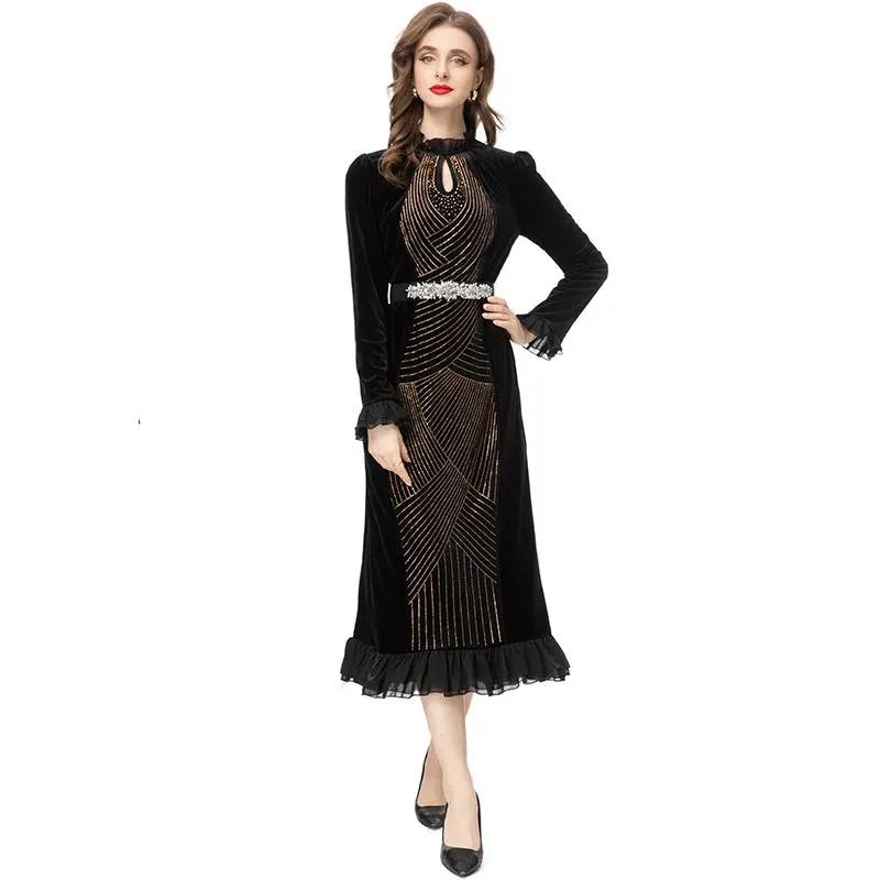 Hadassah Flared  Sleeve Stretch Velvet Patchwork Flounce Diamond Belt Dress