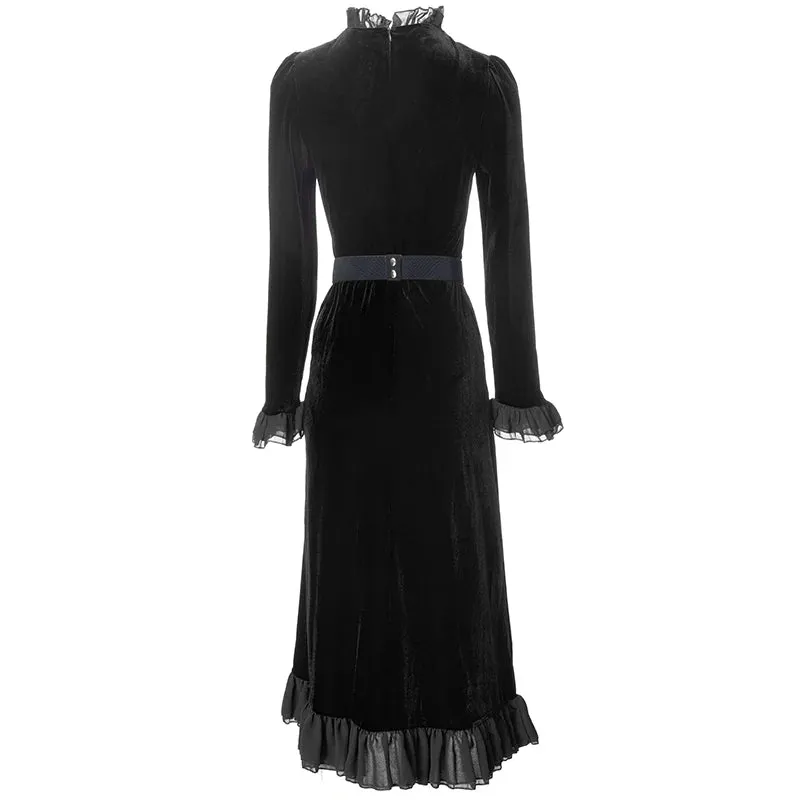 Hadassah Flared  Sleeve Stretch Velvet Patchwork Flounce Diamond Belt Dress