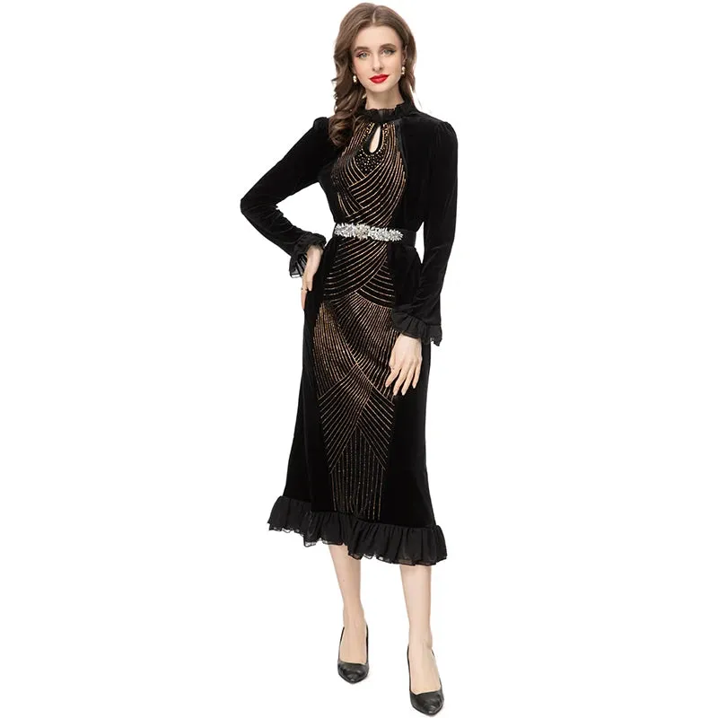 Hadassah Flared  Sleeve Stretch Velvet Patchwork Flounce Diamond Belt Dress
