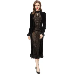 Hadassah Flared  Sleeve Stretch Velvet Patchwork Flounce Diamond Belt Dress