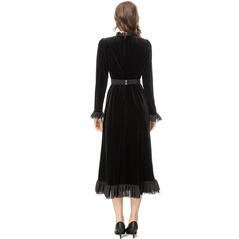 Hadassah Flared  Sleeve Stretch Velvet Patchwork Flounce Diamond Belt Dress
