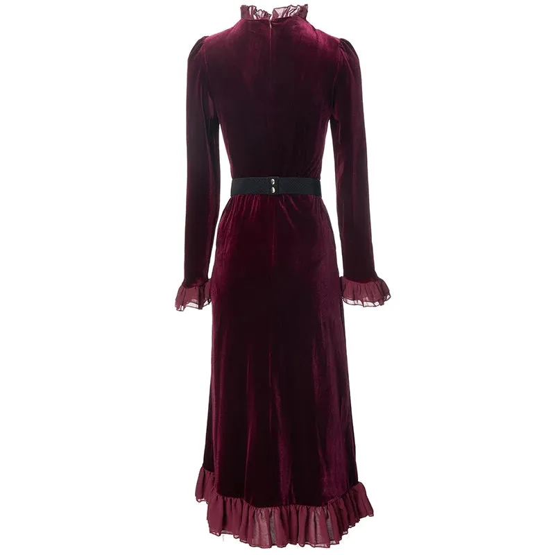 Hadassah Flared  Sleeve Stretch Velvet Patchwork Flounce Diamond Belt Dress