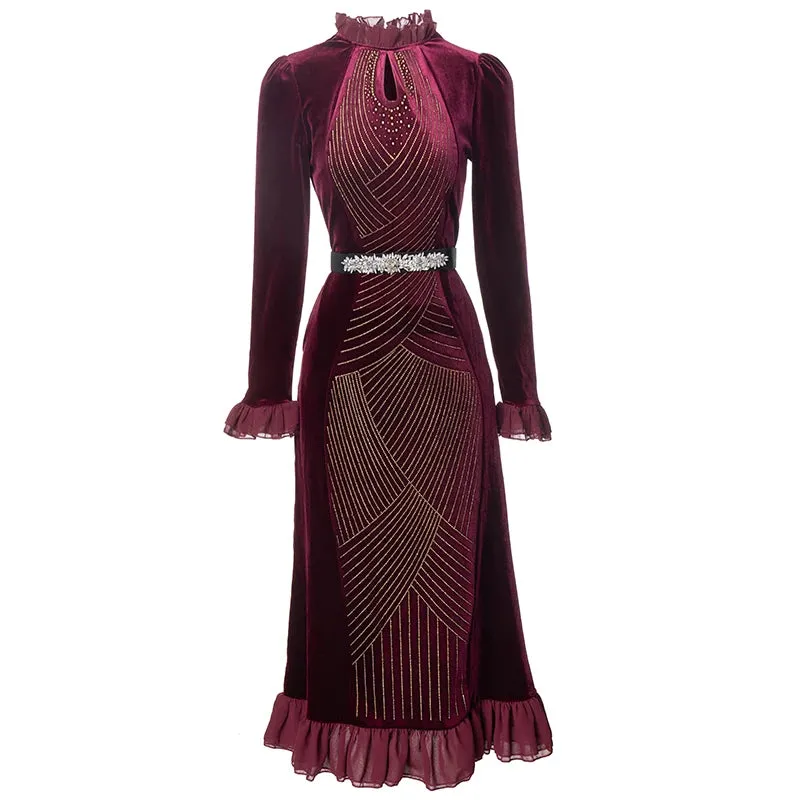 Hadassah Flared  Sleeve Stretch Velvet Patchwork Flounce Diamond Belt Dress