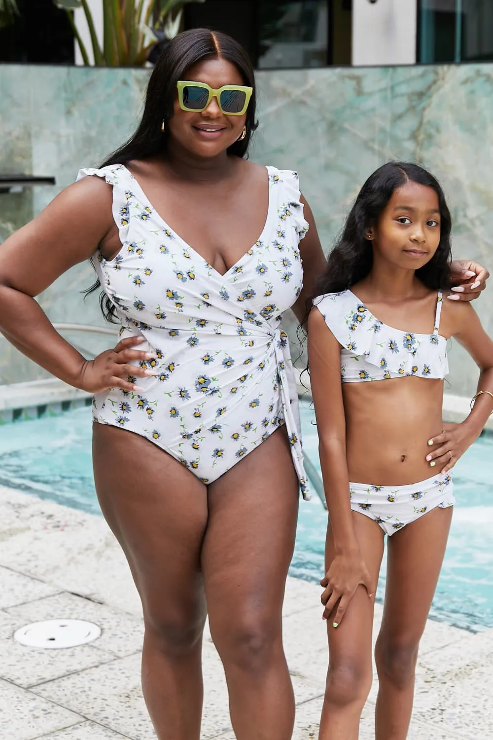 Hazel Blues® | Float On Ruffle Faux Wrap One-Piece in Daisy Cream: Adult