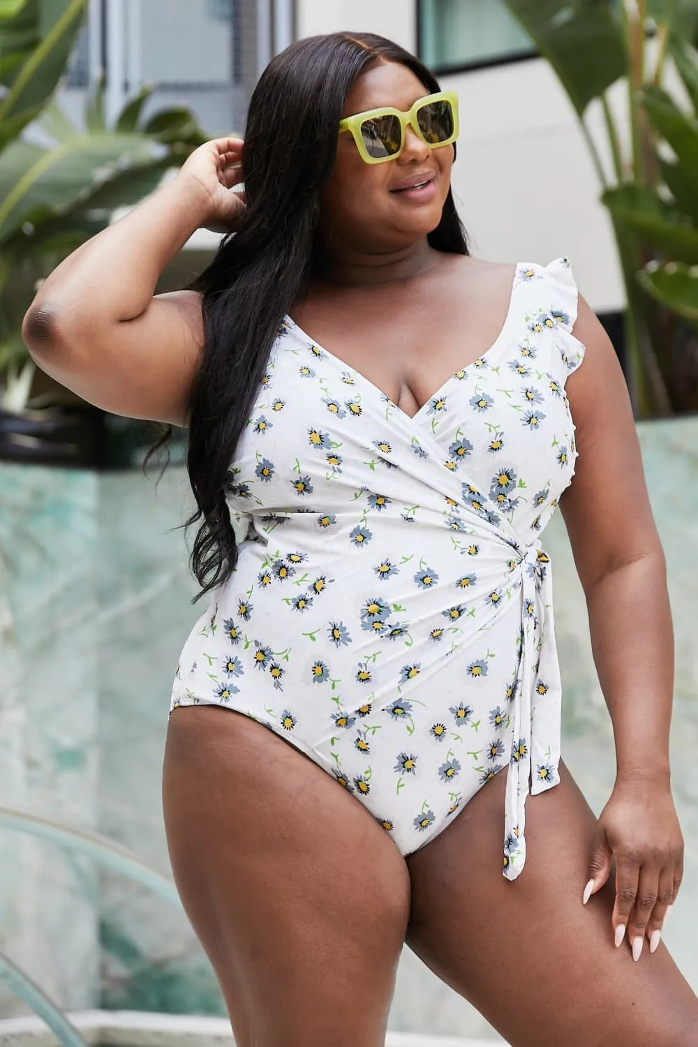 Hazel Blues® | Float On Ruffle Faux Wrap One-Piece in Daisy Cream: Adult