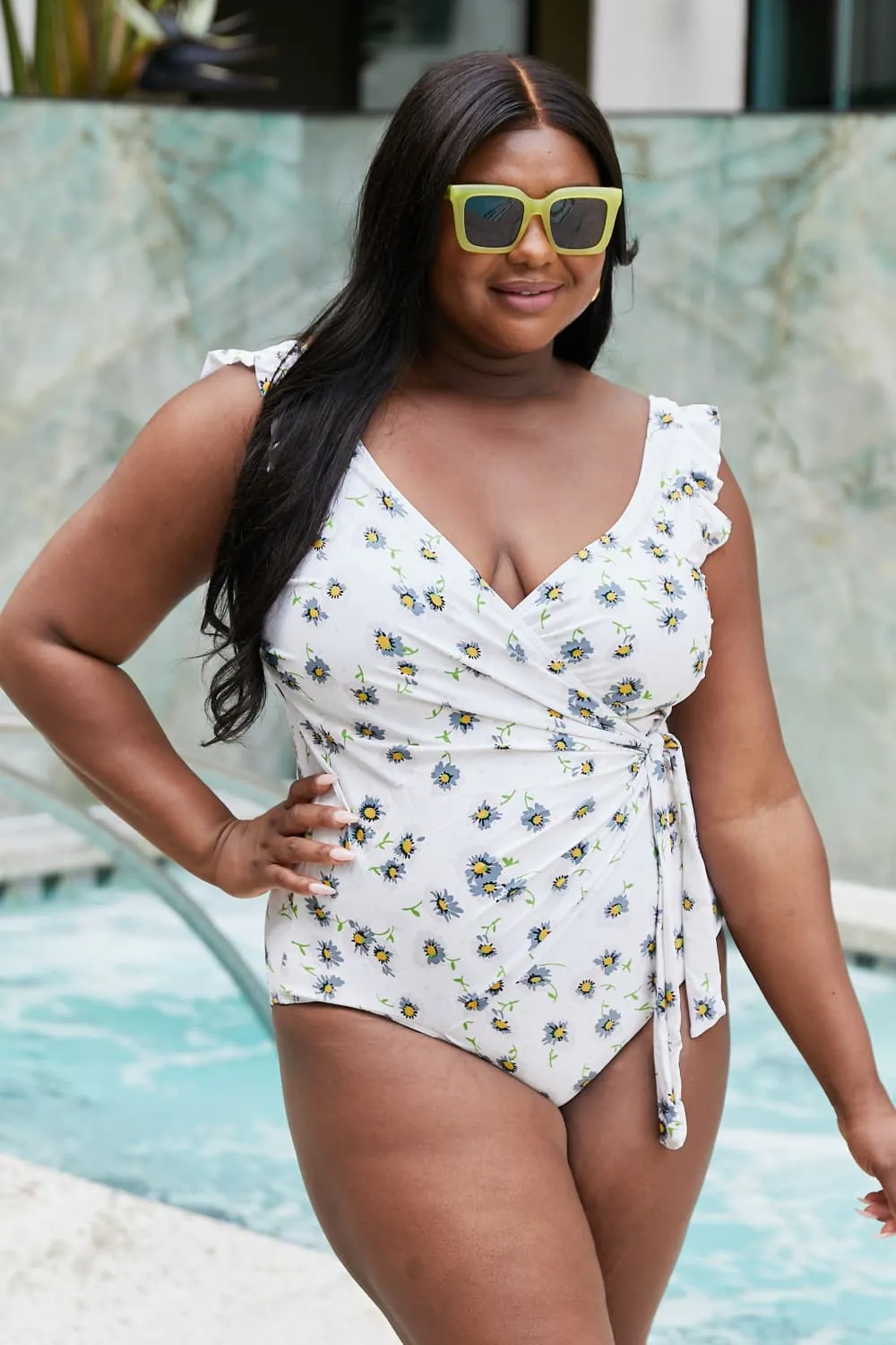 Hazel Blues® | Float On Ruffle Faux Wrap One-Piece in Daisy Cream: Adult