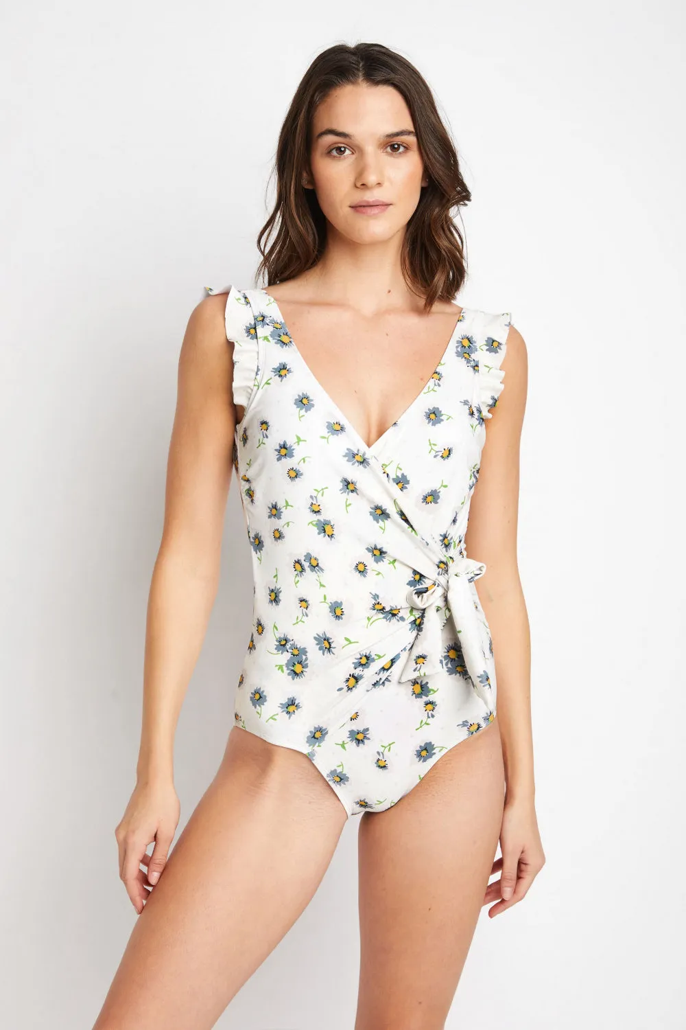 Hazel Blues® | Float On Ruffle Faux Wrap One-Piece in Daisy Cream: Adult